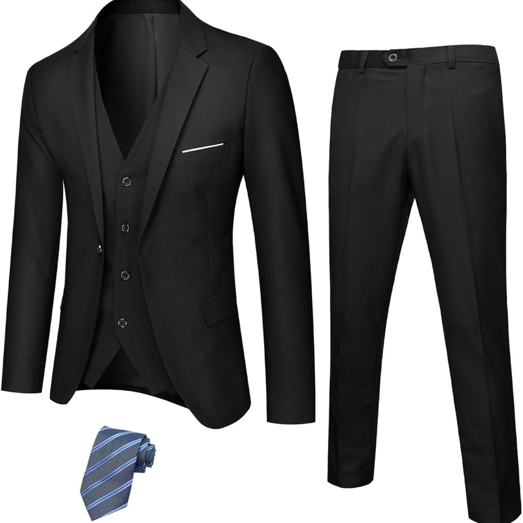 Men's Slim Fit 3 Piece Suit Set, One Button Solid Blazer Vest Pants With Tie